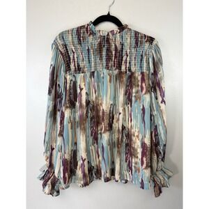 Entro Watercolor Long Sleeved Blouse W Ruched Stretchy Bodice And Cuffs Size M